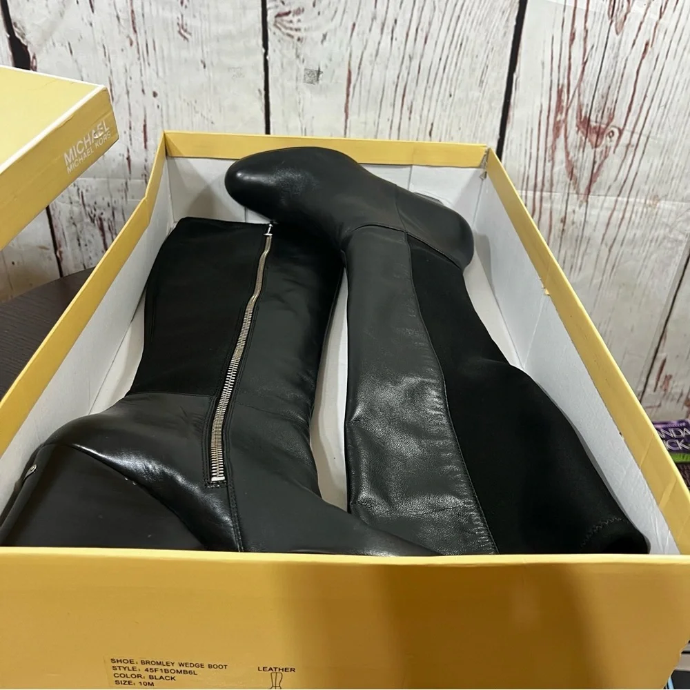 Michael Kors Bromley Wedge Boot Knee High in Black Leather women’s size 10